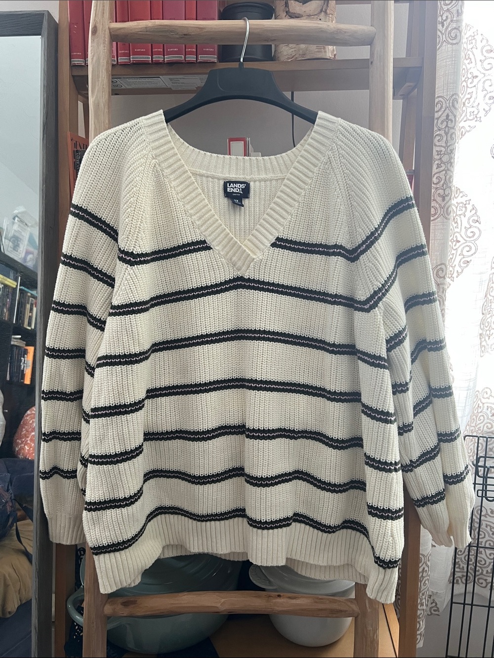 Lands' End Cream Striped with Green and Pink V-Neck Sweater